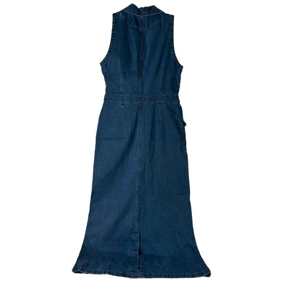VTG Neways Sz 38 (8) Maxi Button Comfy Dark Denim Dress Sleeveless Collared NWT - Picture 2 of 10